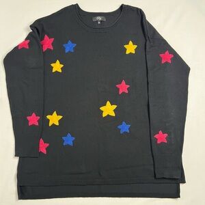Orly sweater black with bright embroidered stars crew neck split side size Small